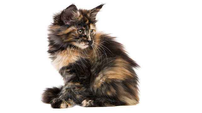 Fluffy tortoiseshell Maine Coon kitten sitting and looking to the side