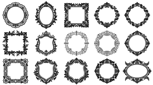 Ornate vintage baroque frames set featuring elegant floral motifs and decorative borders for royal graphic design projects
