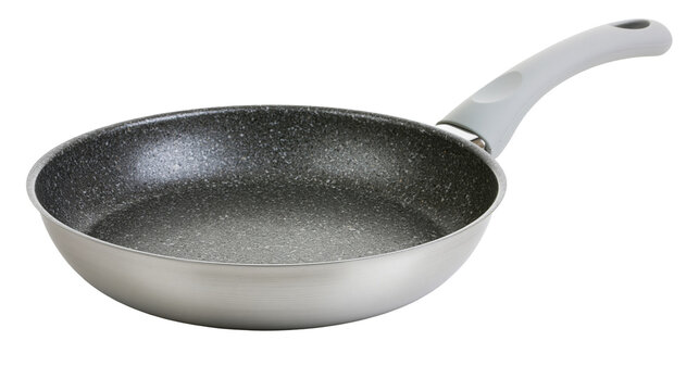 Nonstick frying pan with speckled granite coating and grey ergonomic handle