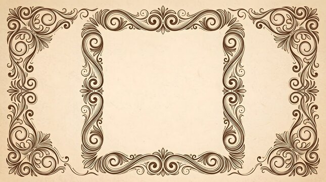 Elegant vintage frame illustration featuring ornate scrollwork borders and intricate flourishes on textured paper background design