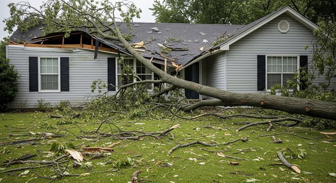 Damaged suburban house with fallen tree crushing roof after storm