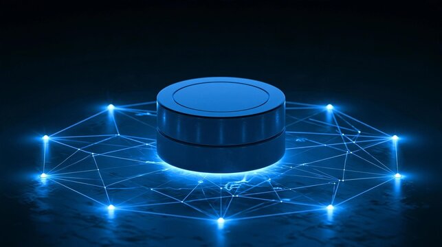 Black circular object with a blue light emanating from it, which appears to be a network of interconnected lines and dots.
