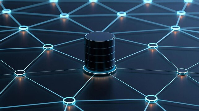 Black cylinder-shaped object in the center of a dark blue background. the cylinder is surrounded by a network of interconnected lines and dots, creating a grid-like pattern.