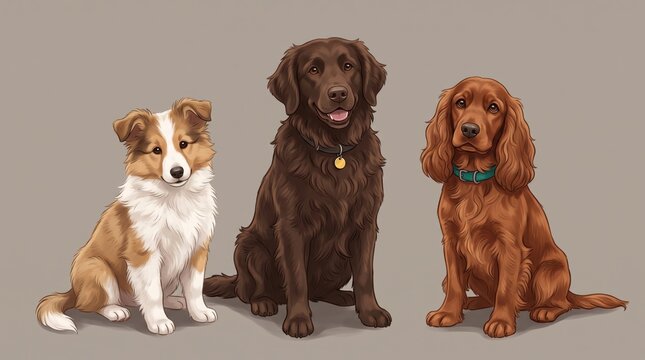Three friendly dogs sitting together in a clean illustration on a neutral warm gray background. A white and tan collie-type puppy, a fluffy dark brown retriever with a yellow tag and a reddish-brown