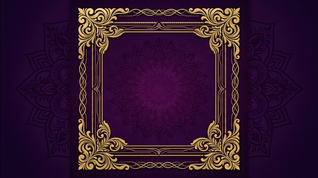 Elegant golden baroque vintage frame featuring intricate ornate floral swirls against a rich deep purple mandala background pattern