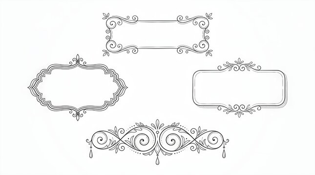 Elegant vintage calligraphic frames and decorative scrolls hand drawn in black ink outline style on clean white background