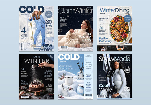 Winter Magazine Cover Templates, Seasonal Front Page Layouts for Lifestyle, Fashion, Food & Skiing Editorials