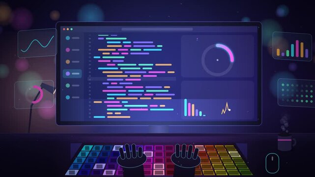 Software Developer Coding on Computer Screen with Data Analytics and Success Checkmark Animation