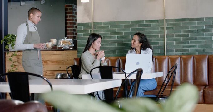 Diverse female colleagues talking gesturing checking laptop at cafe while server placing coffees