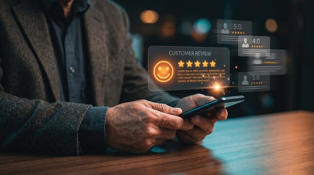 Customer experience director analyzes user feedback and satisfaction ratings using mobile analytics, holographic review tracking, star rating evaluation, and digital customer sentiment systems.