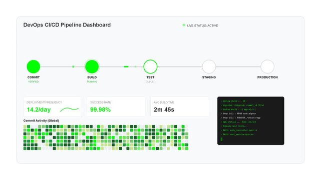 Digital project status timeline with green progress nodes, data visualization, task completion, workflow management, software development phases