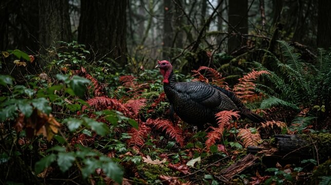 Dark turkey standing among red ferns in a moody forest. A black-feathered bird with a red head stands in dense green foliage and orange-red plants. Horizontal composition, low-key natural lighting,