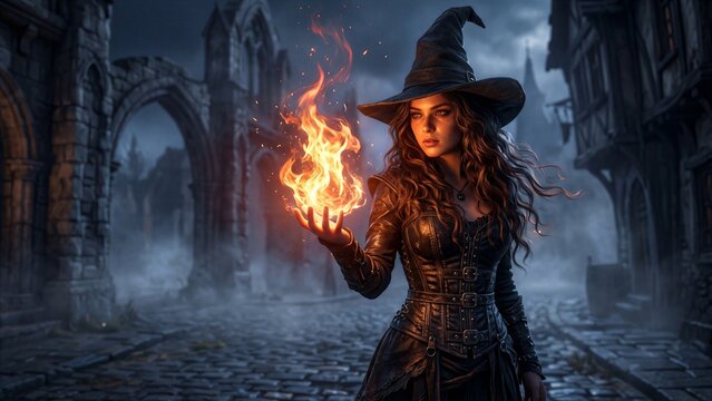 Witch holding magical fire on a dark medieval street
