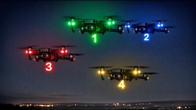 Four lights of different colors flying in the sky