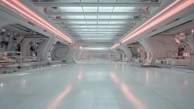 Empty white futuristic corridor with orange light accents.