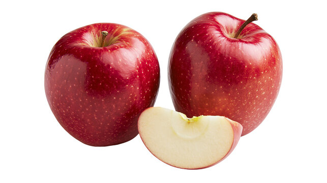 Two whole shiny red apples and one fresh sliced apple wedge