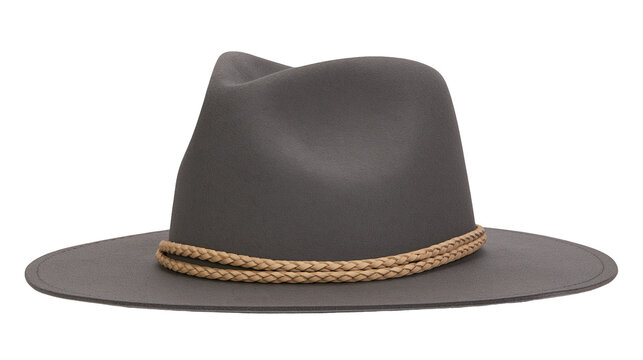 Dark grey felt fedora hat with a braided tan leather cord band