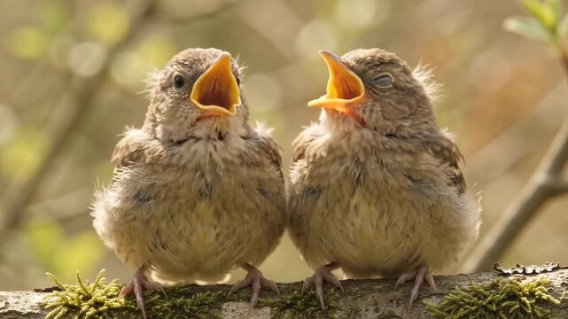 Pair of fluffy baby birds with wide open beaks sing together against a soft warm blurred spring nature background full of feather detail