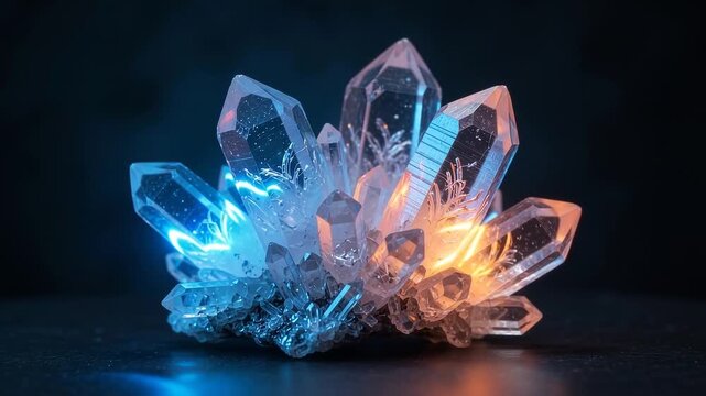Iridescent translucent quartz crystals glow brightly with blue and orange neon light against a dark moody studio background in macro detail