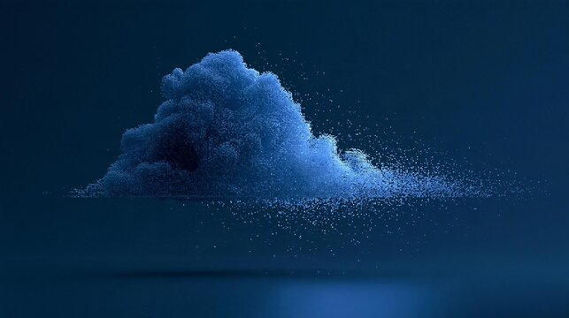 Digital art piece that appears to be a cloud or a cloud-like structure. the cloud is made up of small white dots that are scattered across a dark blue background.