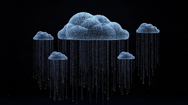 Digital illustration of a cloud in the sky. the cloud is made up of small dots and lines, creating a textured appearance. it is in the center of the image, with six smaller clouds surrounding it.