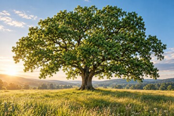 Fototapeta premium Majestic Leafy Oak Standing Alone in a Sunlit and Open Summer Meadow