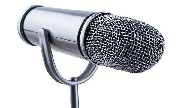 Silver metallic studio microphone on a small desk stand