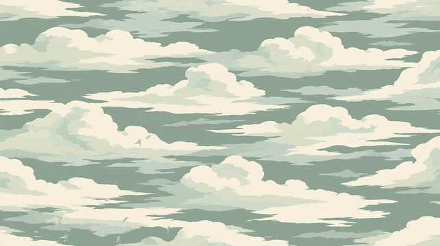Seamless pattern of white clouds on a light green background. the clouds are arranged in a repeating pattern, with some overlapping each other.