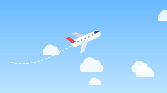 Animated airplane flying through fluffy clouds in a clear blue sky