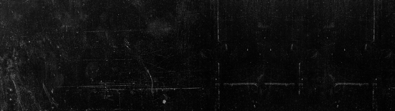 Retro Photographic Design - Dark Black Film Monochrome Grain Texture Overlay, Dusty Grunge Background Texture With Heavy Scratches And Cracks Banner Panorama Long