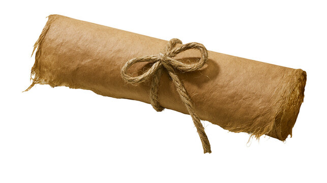 Rolled brown handmade paper scroll tied with rustic jute twine string bow