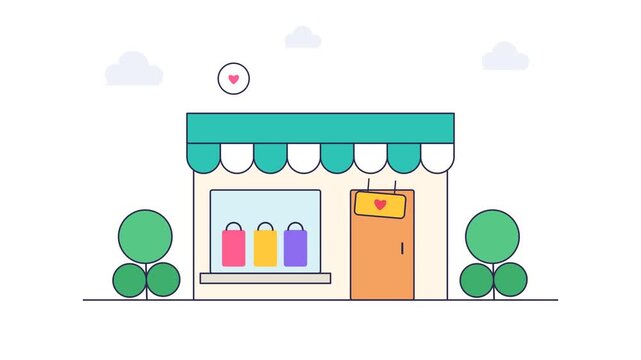 Animated line art of a boutique storefront appearing and disappearing