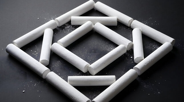 Minimalist geometric pattern arrangement using 123 chak sticks on a dark background for creative design ideas
