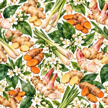 Watercolor seamless pattern of ginger turmeric and lemongrass roots