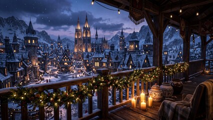 Fototapeta premium Winter balcony view of a snowy medieval town decorated for Christmas