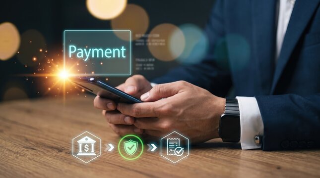 Financial analyst executes secure mobile payment transaction and digital banking verification using smartphone application interfaces, encrypted network nodes, financial institution routing, security 