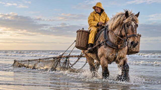 Horseback Coastal Fisherman Pulling a Net Through Shallow Sea Surf