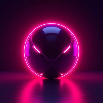 Uma bola esf&eacute;rica futurista com superf&iacute;cie lisa e detalhes luminosos, envolta por intensas luzes neon em tons de roxo e violeta, emitindo um brilho vibrante e reflexos coloridos. 