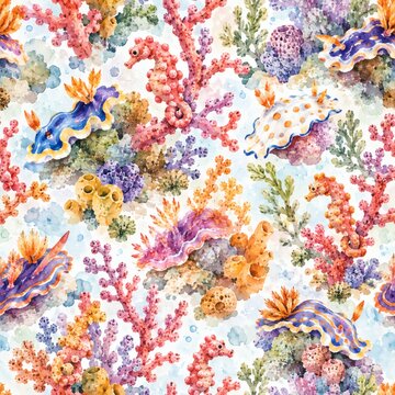 Watercolor marine life and coral reef seamless pattern