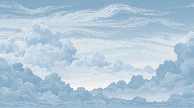 Digital illustration of a sky filled with fluffy white clouds. the clouds are arranged in a way that creates a wave-like pattern, with some overlapping each other.