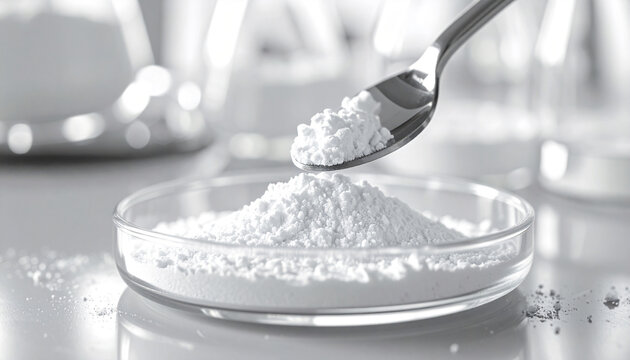 ガラス皿に盛られた白い粉末と斜めのスプーンによる化粧品処方開発イメージ / Heaped white powder and an angled spoon above a glass dish for cosmetic formulation development