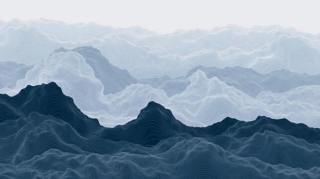 Digital illustration of a mountain range. the mountains are arranged in a way that creates a wave-like pattern, with each mountain having a different shape and size.