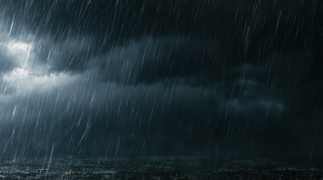 Heavy rainfall pouring down under dark stormy clouds with dramatic lighting. Perfect background texture for weather forecasts and climate change concepts.