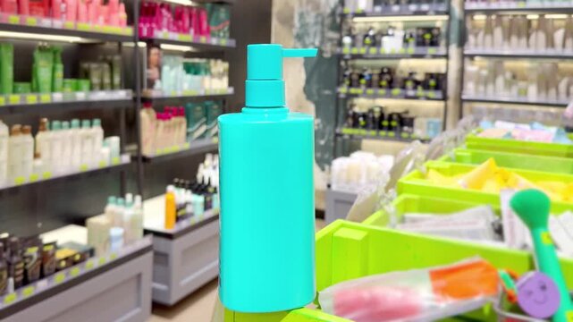Hand Holding Hair Care Product in Front of Shelves in Cosmetics Store &ndash; Choosing Hair Treatment in Beauty Shop