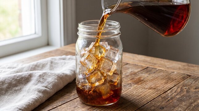 Pouring cold brew coffee into a glass mason jar filled with ice cubes