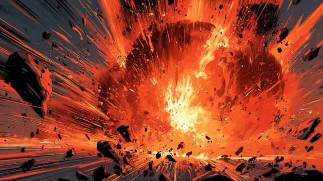 A massive explosive blast erupts with flying debris and intense fire. Dramatic conceptual background for action movies and high-impact digital art.