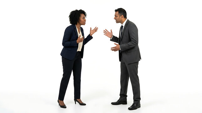Businesswoman and businessman engaged in an intense argument facing each other against a solid transparent background.