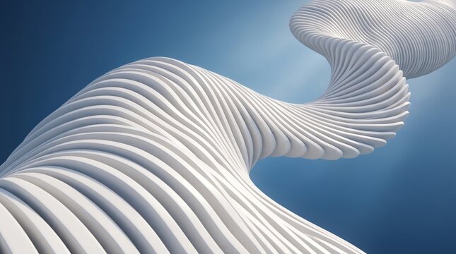 Abstract white spiral shape with curved lines on a smooth blue background surface