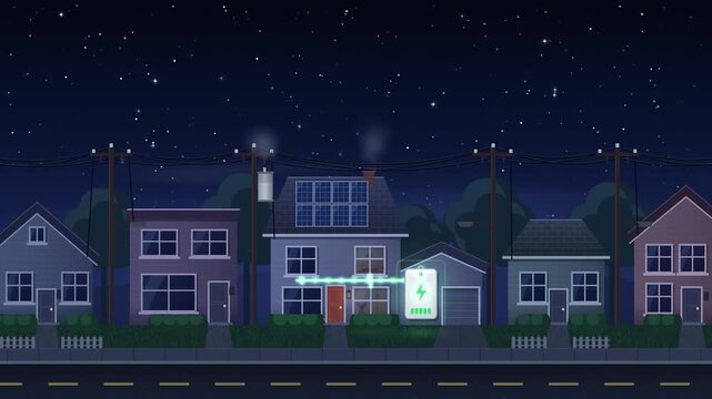 Home battery backup keeps one house lit during a neighborhood power outage at night, flat 4K animation