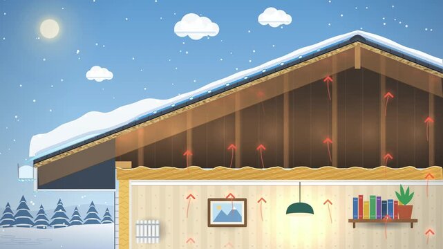 Ice dam forms on a snowy roof eave and leaks into the attic, fixed with insulation and roof ventilation, 4K animation